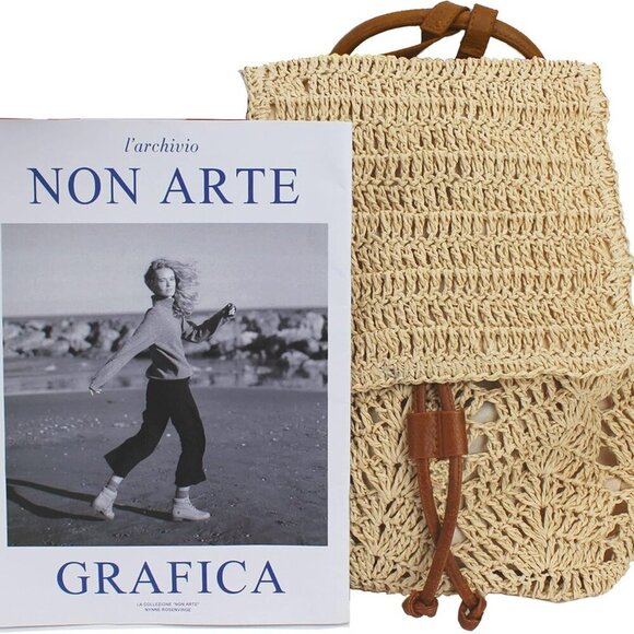 Women Straw Woven Backpack Medium Capacity Flap Drawstring Shoulder Bag - Picture 6 of 6